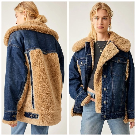 Free People Holly Cozy Denim Jacket Sherpa Brown Blue Small Oversized